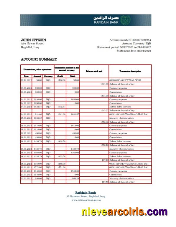 Iraq Rafidain Bank statement Excel and PDF